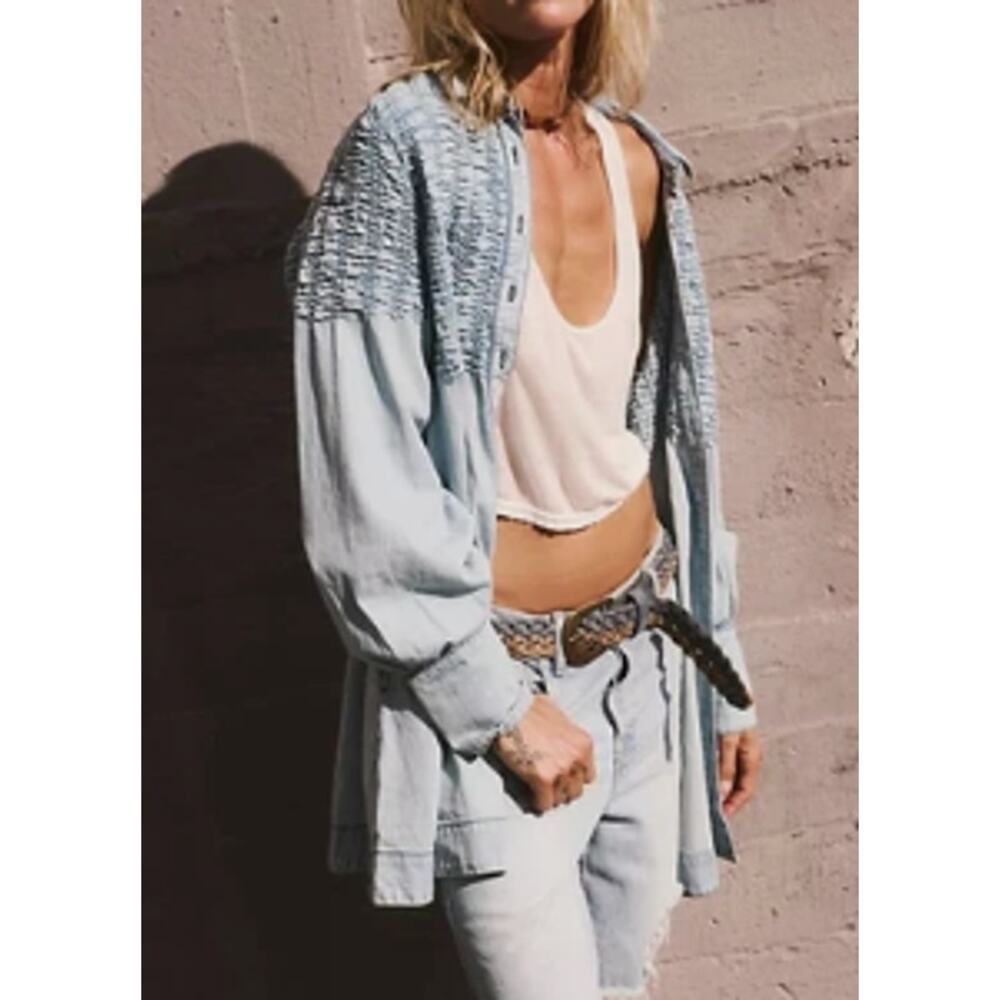 Free People Smocked Bleached Denim Find Me Now Mini Dress Long Sleeve Buttons XS - Picture 3 of 6